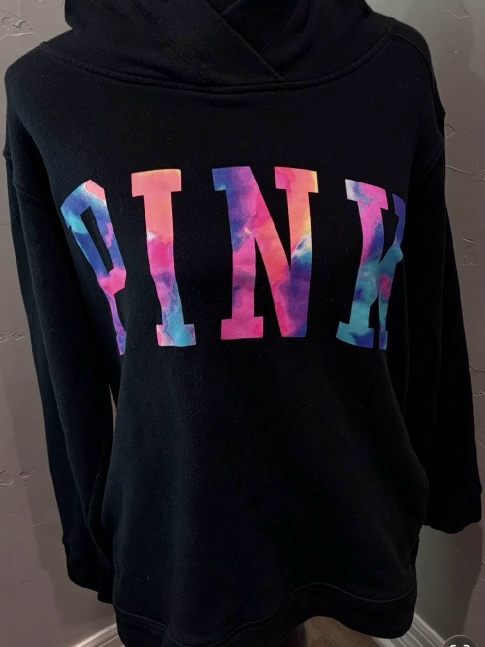 Victoria's Secret PINK Black Hoodie with Multicolor Tie-Dye Logo!